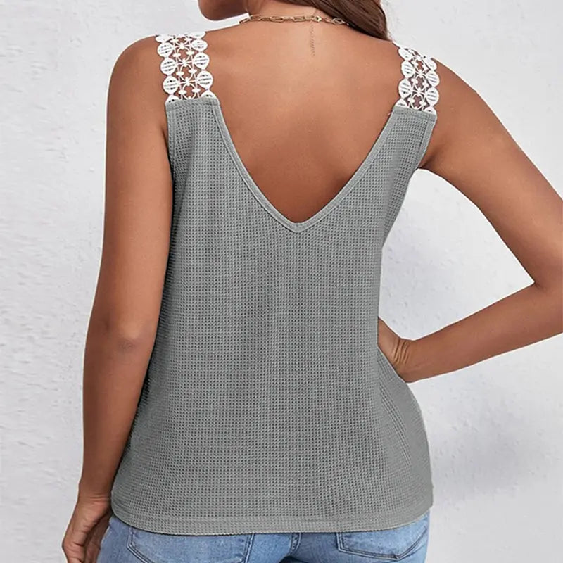 Waffle V-Neck Vest Sleeveless Lace Tank Shirt Tops Summer cj