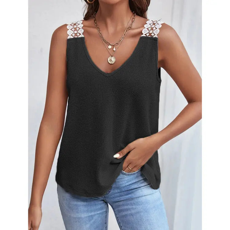 Waffle V-Neck Vest Sleeveless Lace Tank Shirt Tops Summer cj