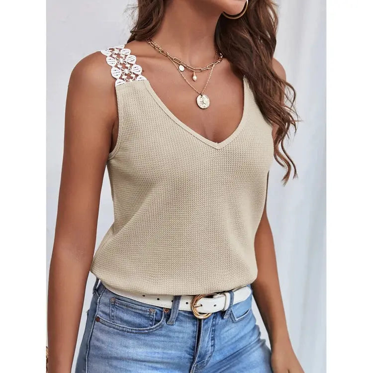 Waffle V-Neck Vest Sleeveless Lace Tank Shirt Tops Summer cj