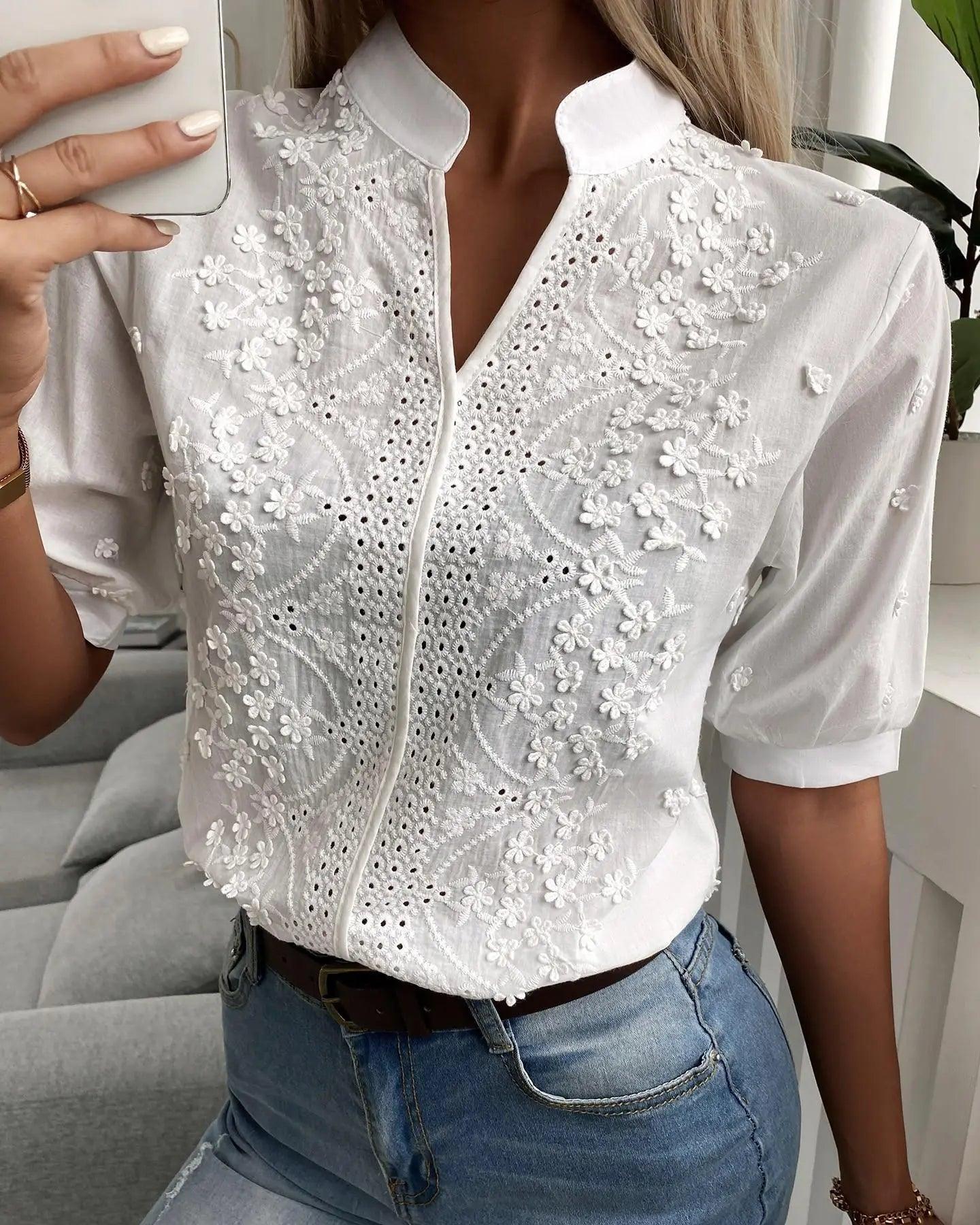 Women's Fashion V-neck Stand Collar Embroidery Lace Blouse Shirt cj