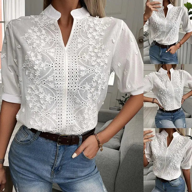 Women's Fashion V-neck Stand Collar Embroidery Lace Blouse Shirt cj