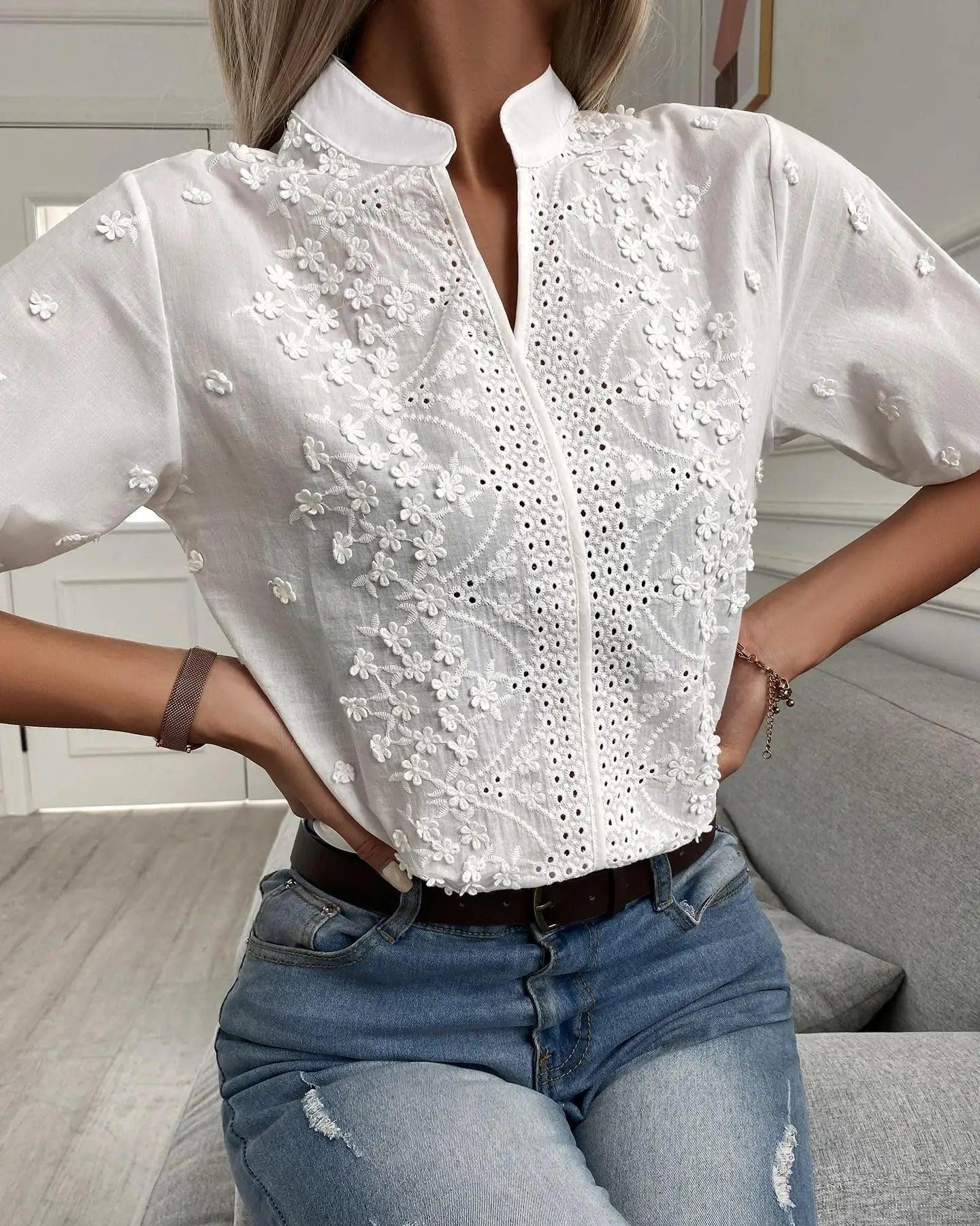 Women's Fashion V-neck Stand Collar Embroidery Lace Blouse Shirt cj