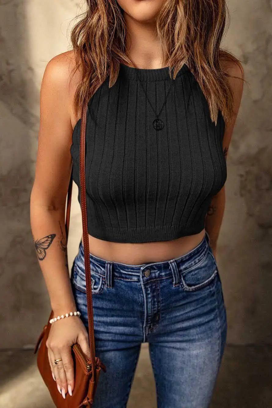 Women's Pure Color Halter Knitted Vest Slim Top cj