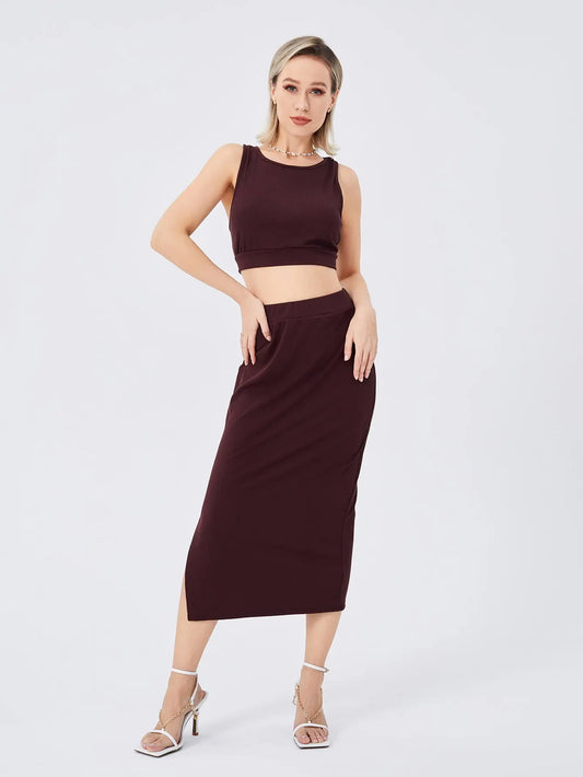 Women's Solid Color Slim-fit Slit Two-piece Set cj