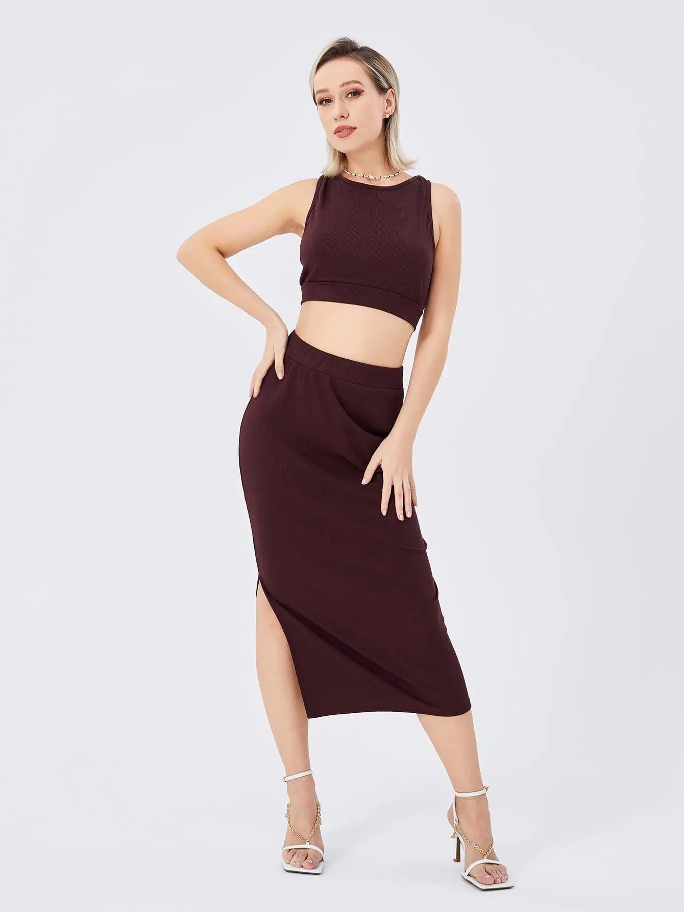 Women's Solid Color Slim-fit Slit Two-piece Set cj