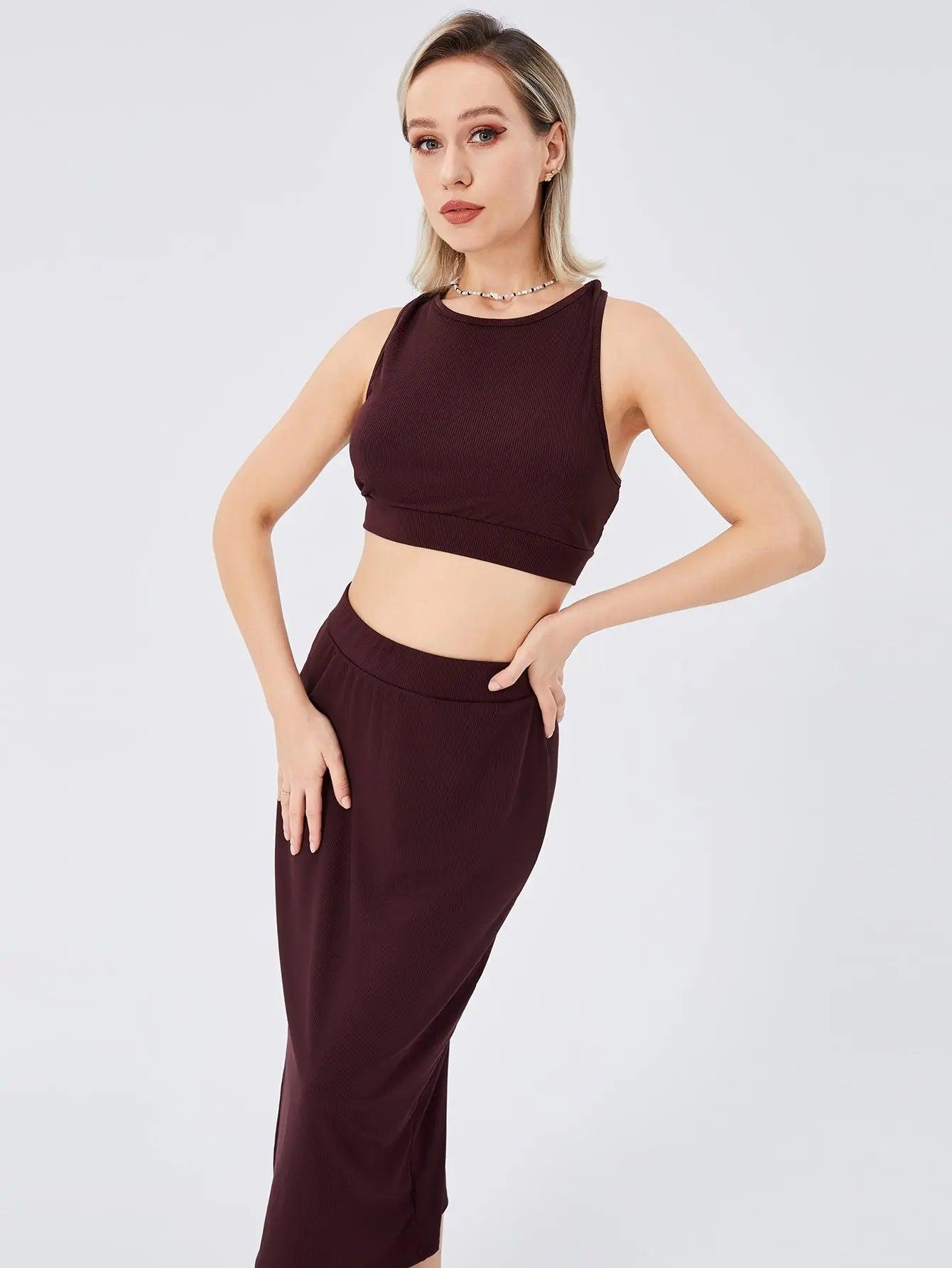 Women's Solid Color Slim-fit Slit Two-piece Set cj