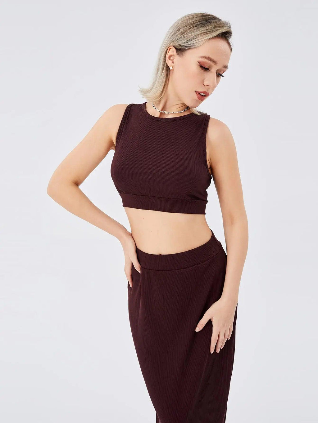 Women's Solid Color Slim-fit Slit Two-piece Set cj