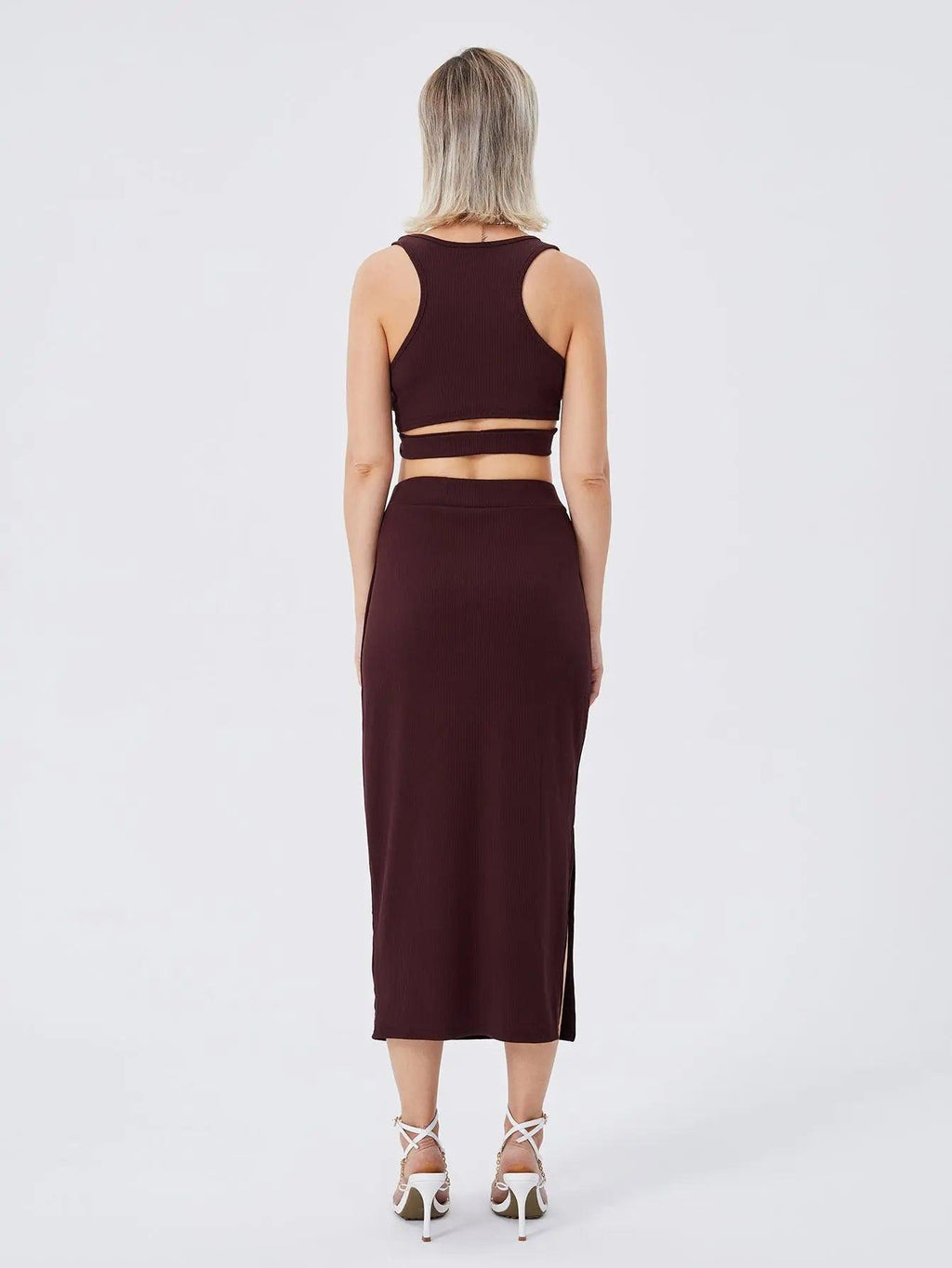 Women's Solid Color Slim-fit Slit Two-piece Set cj