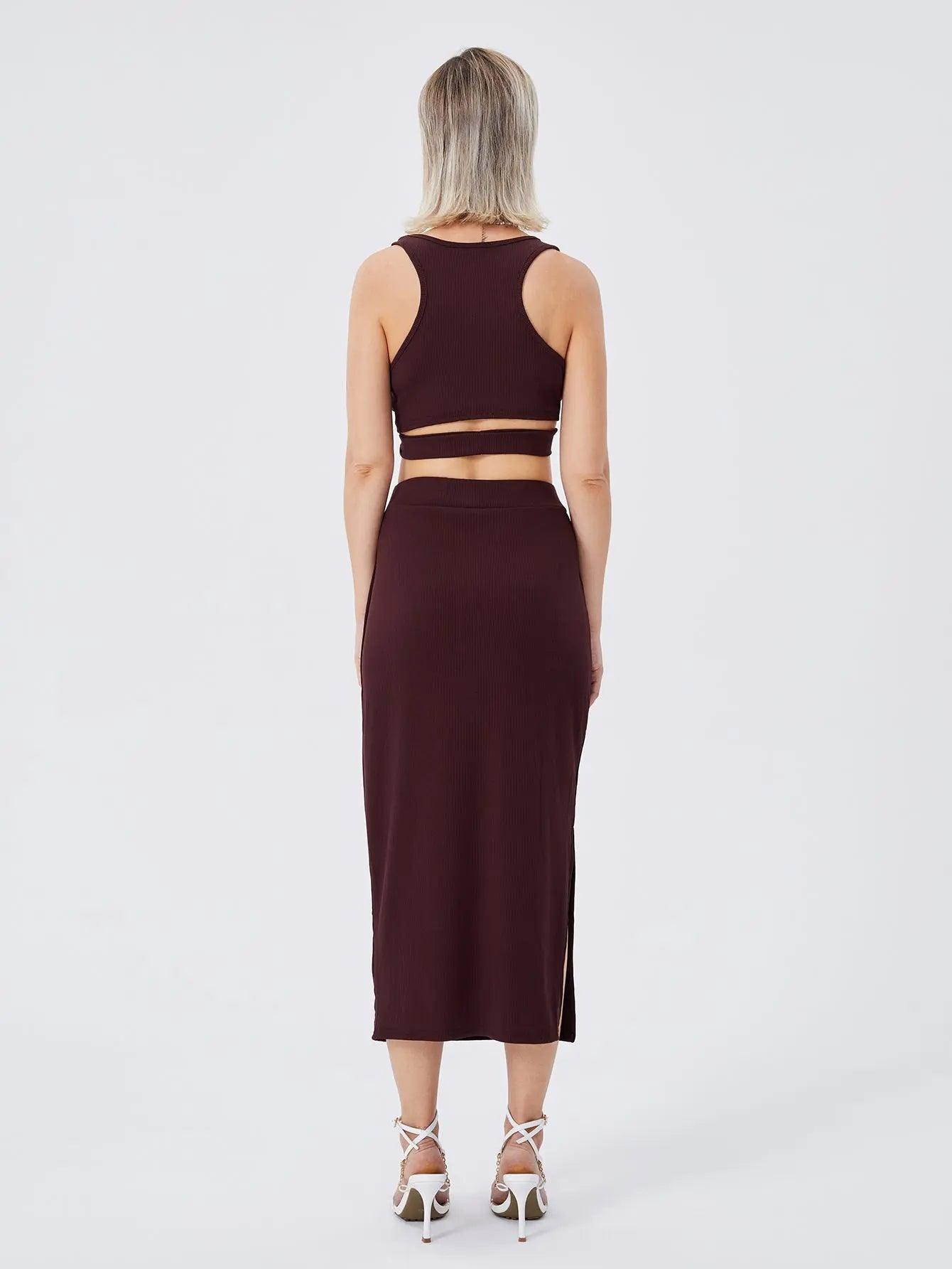 Women's Solid Color Slim-fit Slit Two-piece Set cj