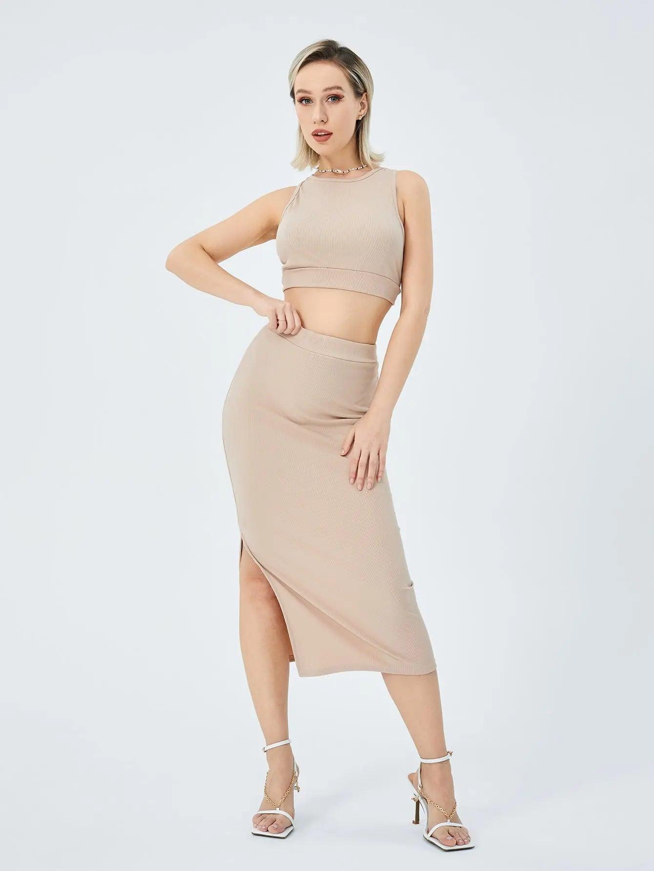 Women's Solid Color Slim-fit Slit Two-piece Set cj