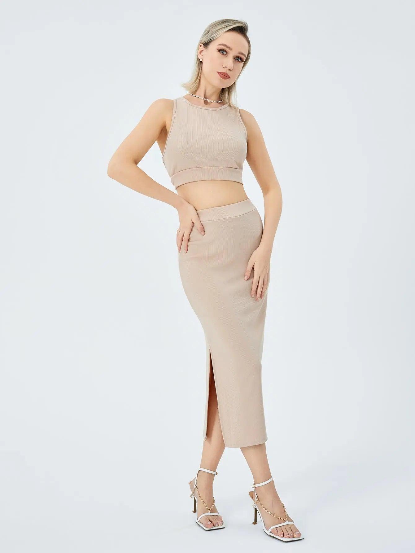 Women's Solid Color Slim-fit Slit Two-piece Set cj