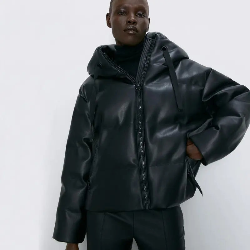 Women's winter hooded leather jacket cj