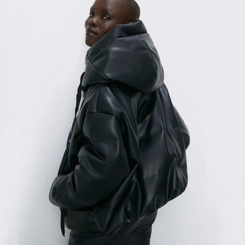 Women's winter hooded leather jacket cj