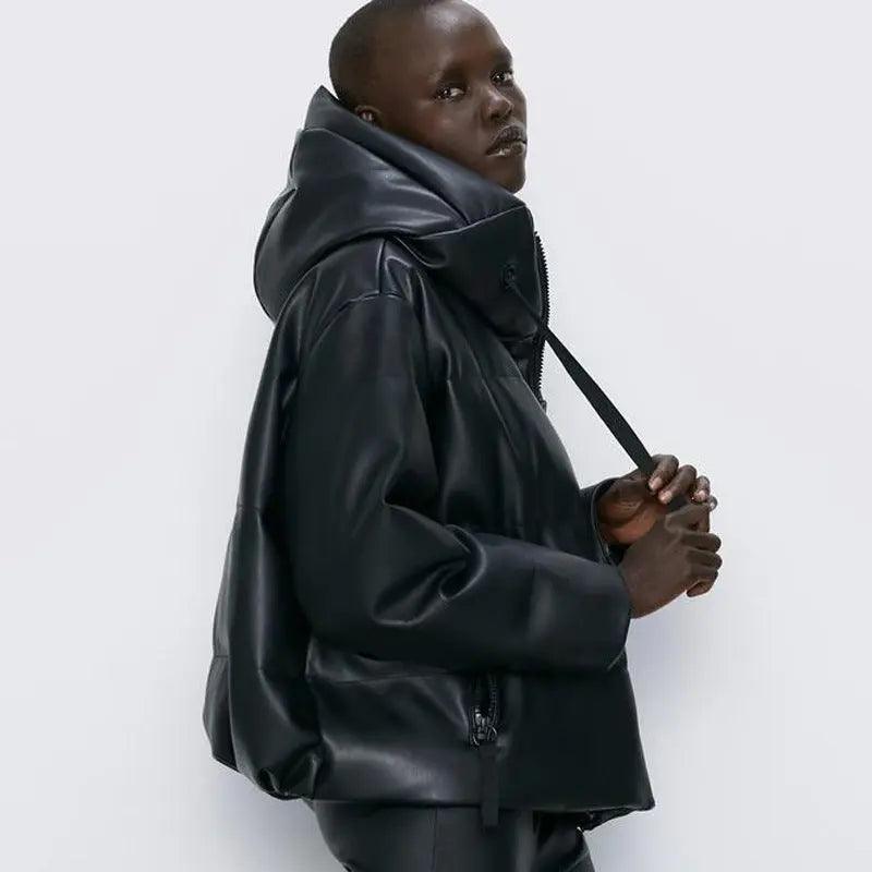 Women's winter hooded leather jacket cj