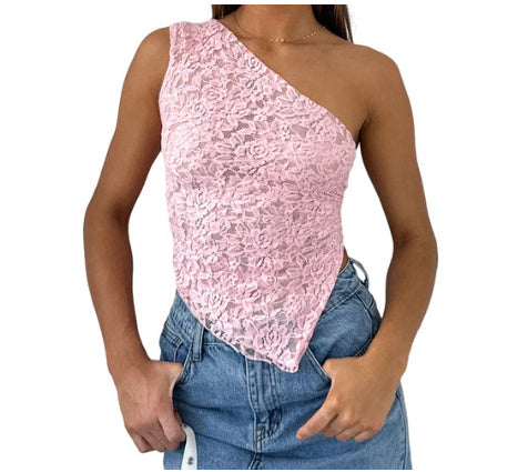 Ins Lace Backless Top Summer Solid Color Waist less Asymmetrical Sloped Neck Vest Streetwear Women's Clothes