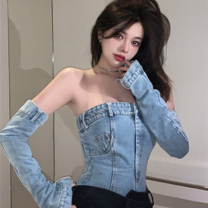 Short Summer Strapless Denim Vest Top For Women cj