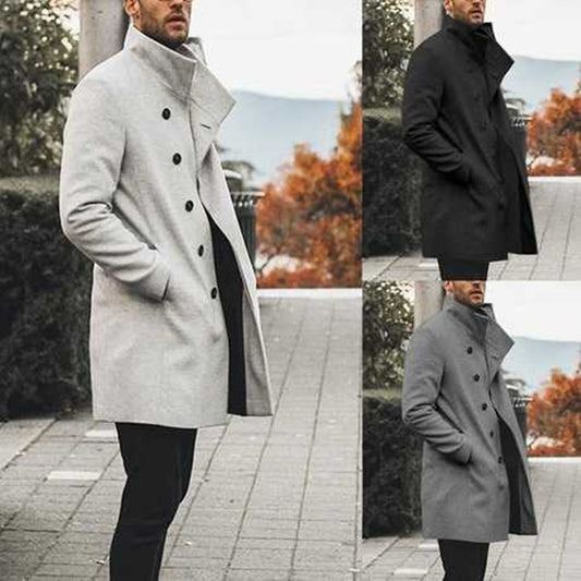 Fashion Trench Coat Men's Stand Collar Casual Tweed Jacket cj