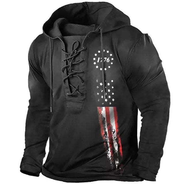 Retro Flag Print Hooded Long Sleeves cj