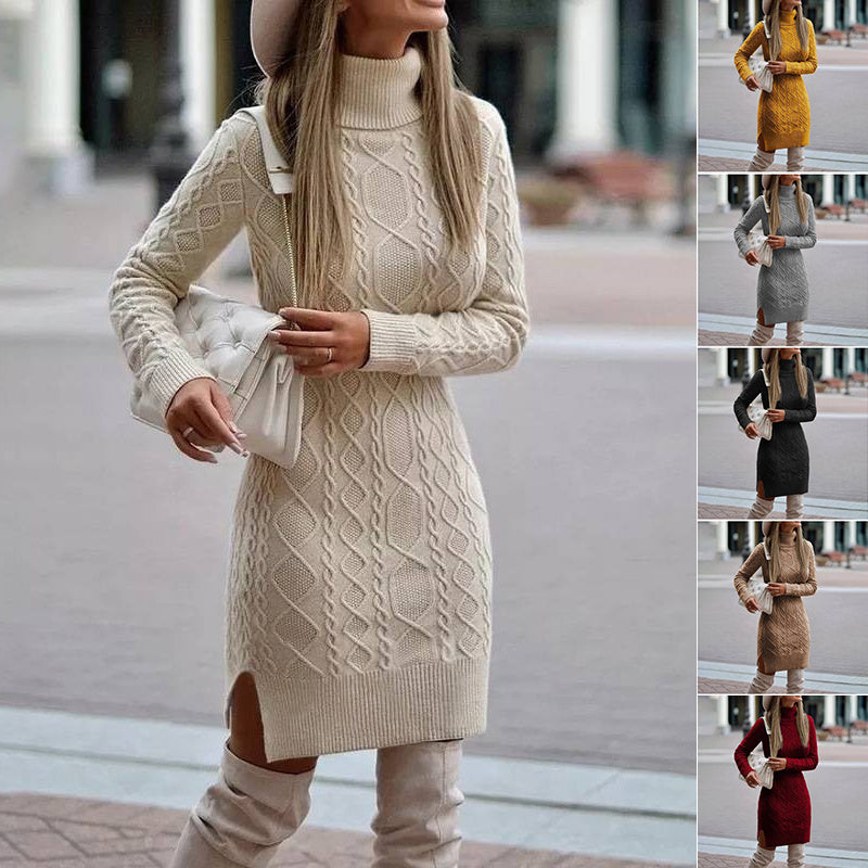 Fashion Turtleneck Knitted Dress With Slit Design Winter Warm Solid Color Pullover Long Sweater Women's Clothing