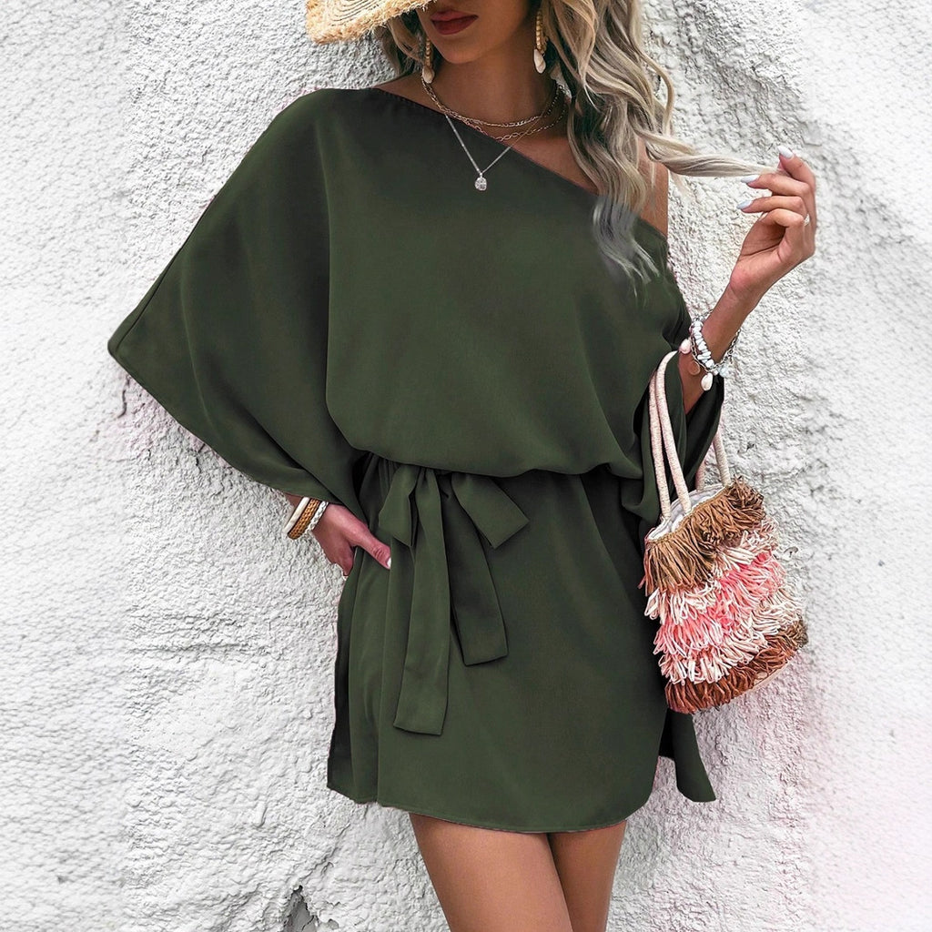 Women's Satin Off-Shoulder Midi Dress — High Waist Batwing Sleeve