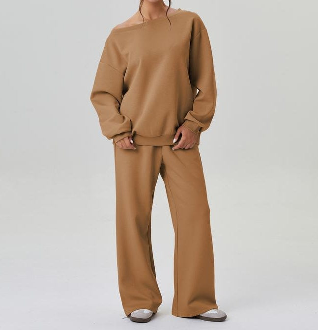 Women's Sloping Shoulder Top & Wide-Leg Trousers Set