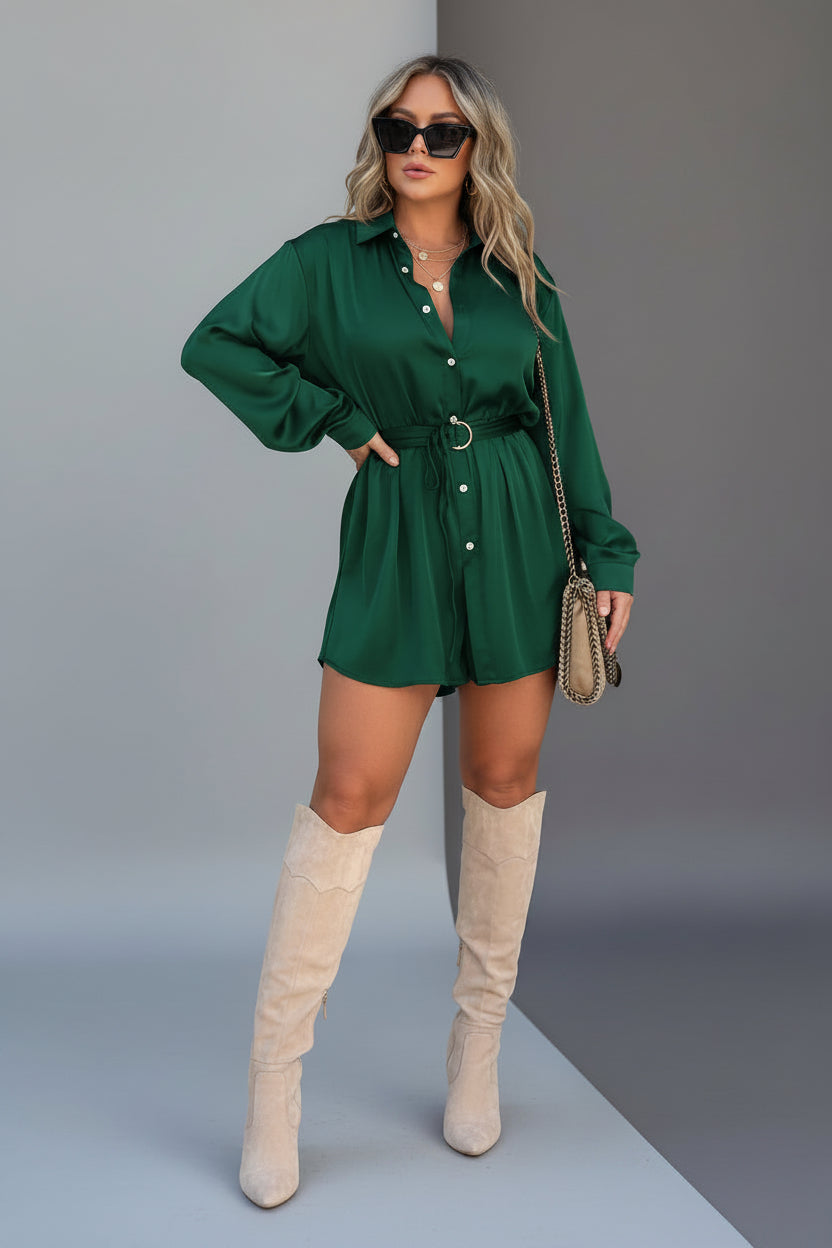 Women's Long Sleeve Jumpsuit – Lace-Up Spandex Shirt Dress