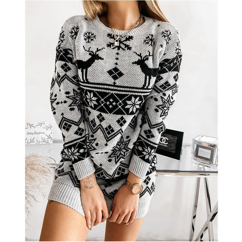 Elk Snowflake Christmas Jacquard Knitted Dress Long Knitted Sweaters cj