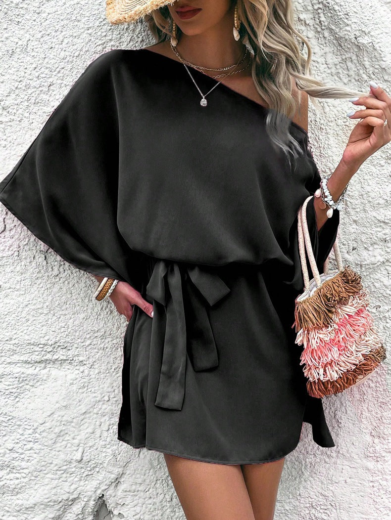 Women's Satin Off-Shoulder Midi Dress — High Waist Batwing Sleeve