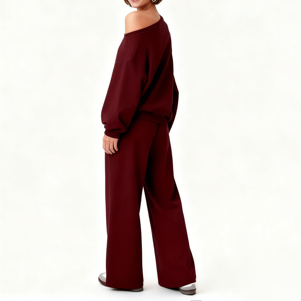 Women's Sloping Shoulder Top & Wide-Leg Trousers Set