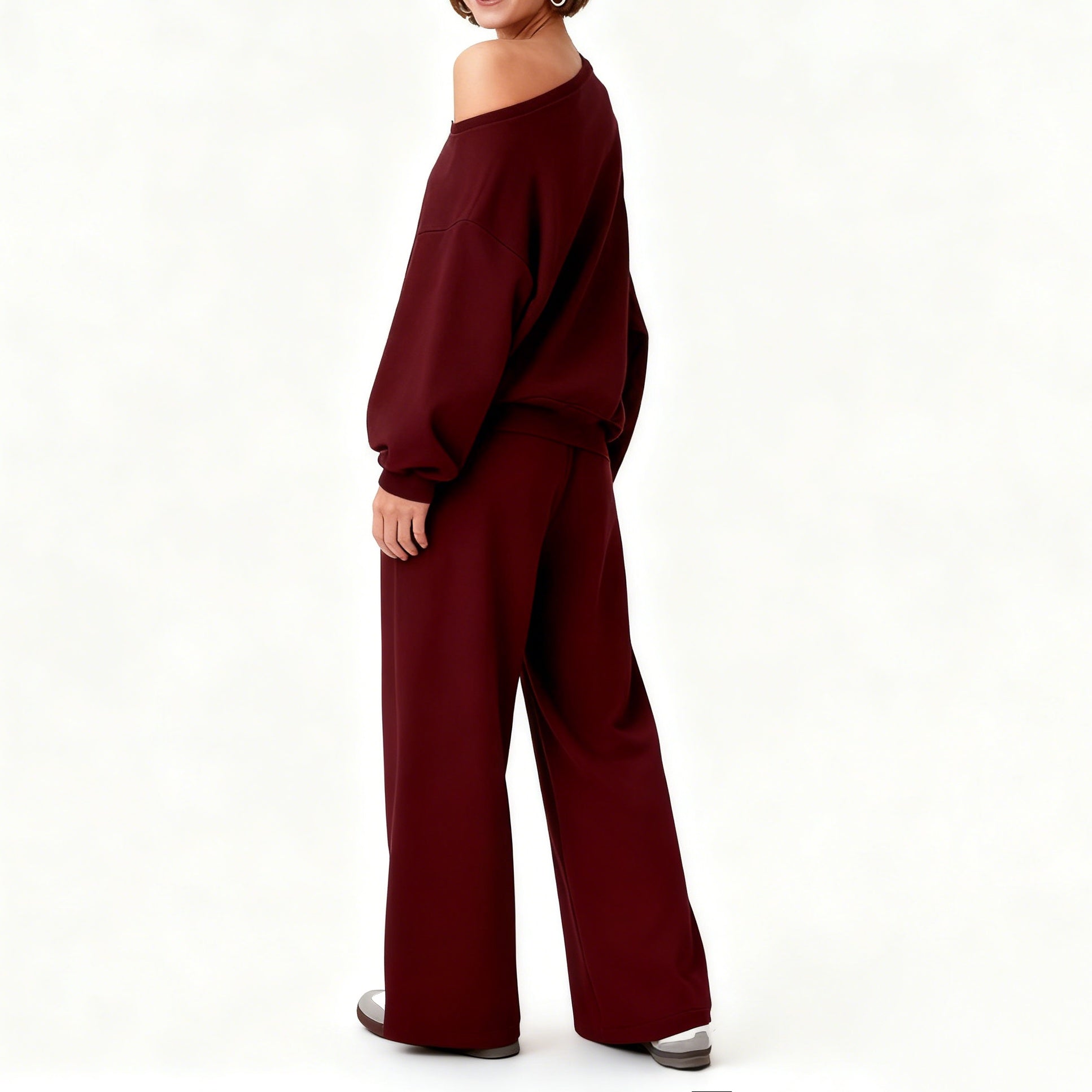 Women's Sloping Shoulder Top & Wide-Leg Trousers Set