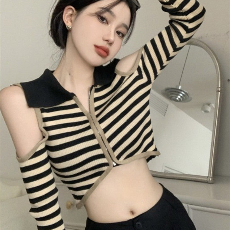 Women's Fashion Striped Knitted Cardigan Slim Long-sleeved Sweater cj