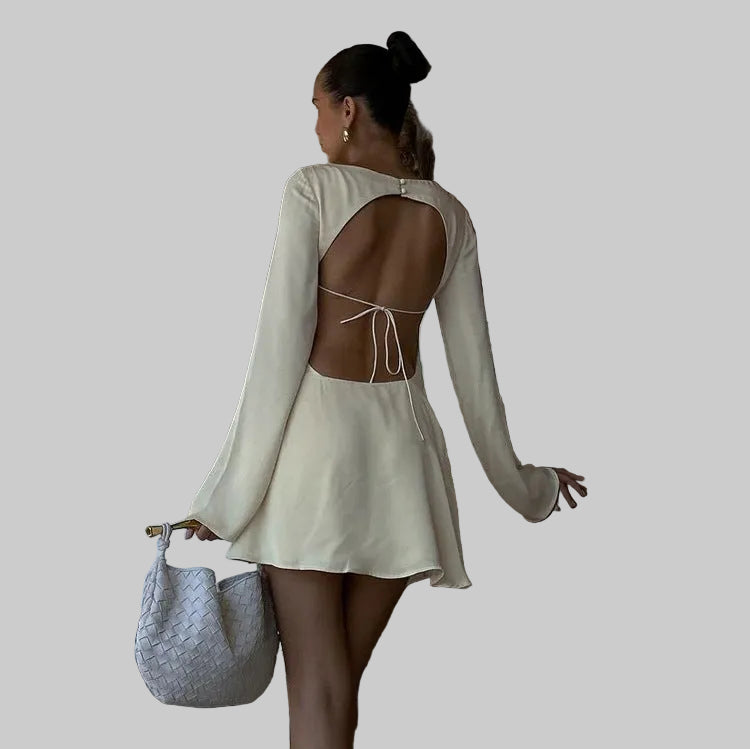 Women's Yellow Satin Backless Dress — Long Sleeve Lace-Up Hollow