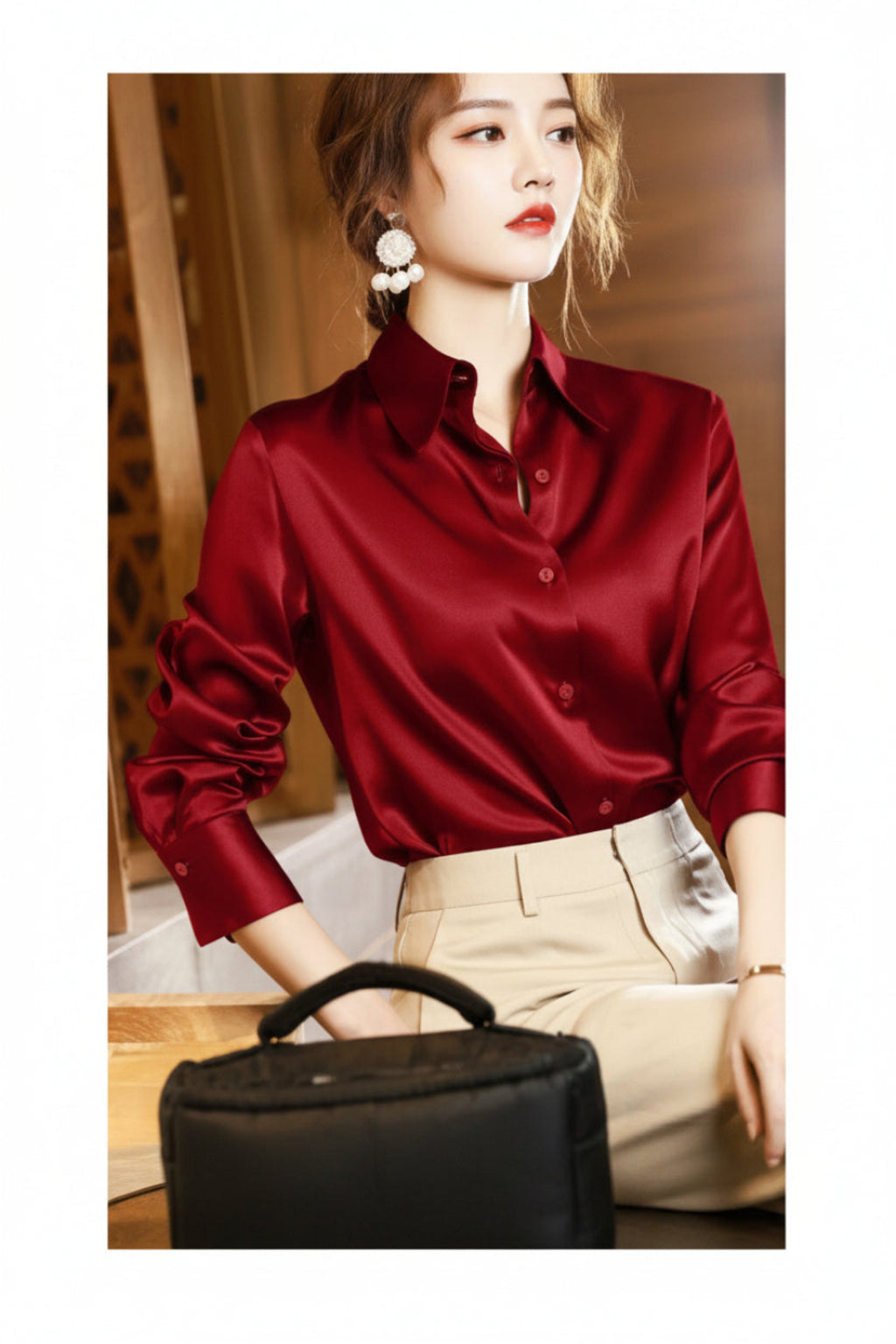 Polo Collar Slim Blouse – Long Sleeve