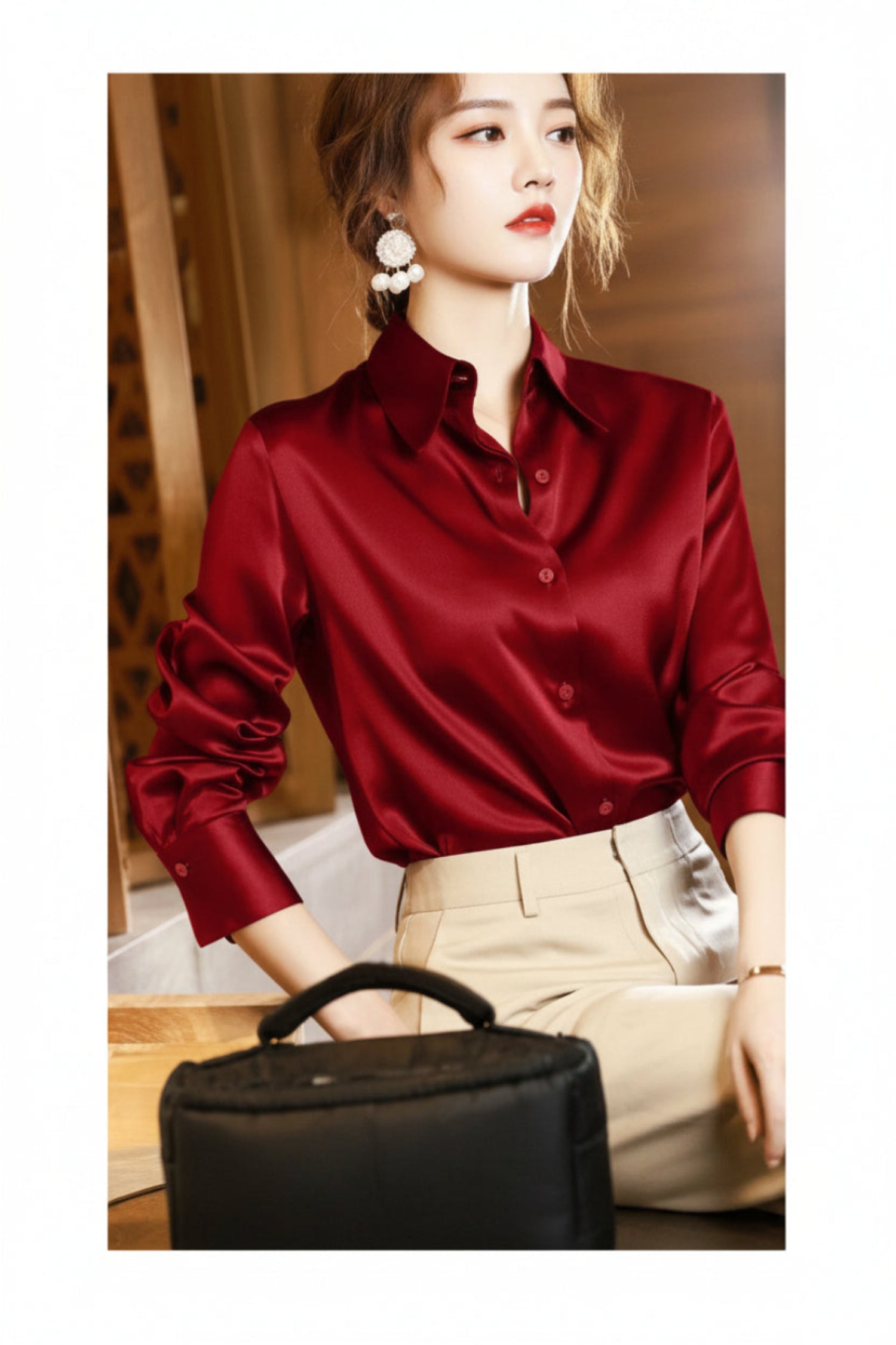 Polo Collar Slim Blouse – Long Sleeve
