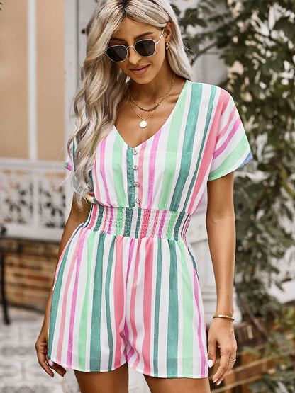 Summer New Striped Loose Short Sleeve Slim Women Jumpsuit cj