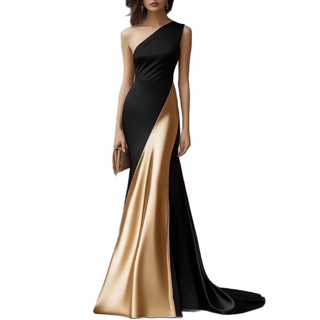 Black One-Shoulder Satin Mermaid Maxi Dress