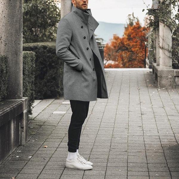 Fashion Trench Coat Men's Stand Collar Casual Tweed Jacket cj