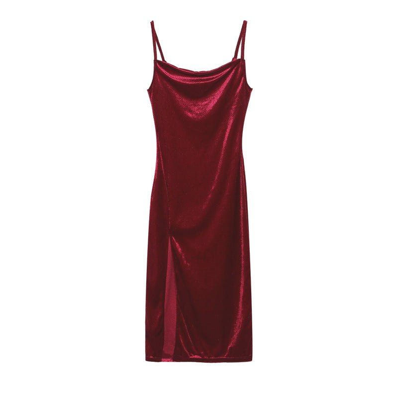 Slim Suspender Split Dress Ins Fashion Solid Sling