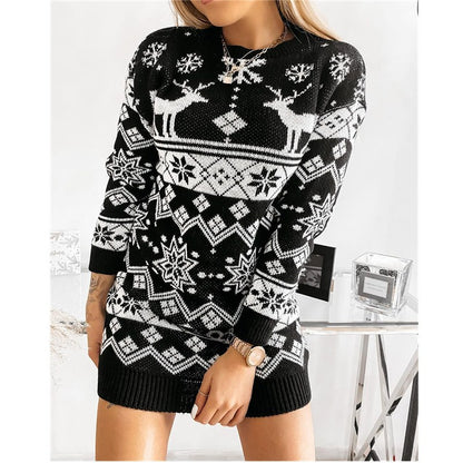 Elk Snowflake Christmas Jacquard Knitted Dress Long Knitted Sweaters cj