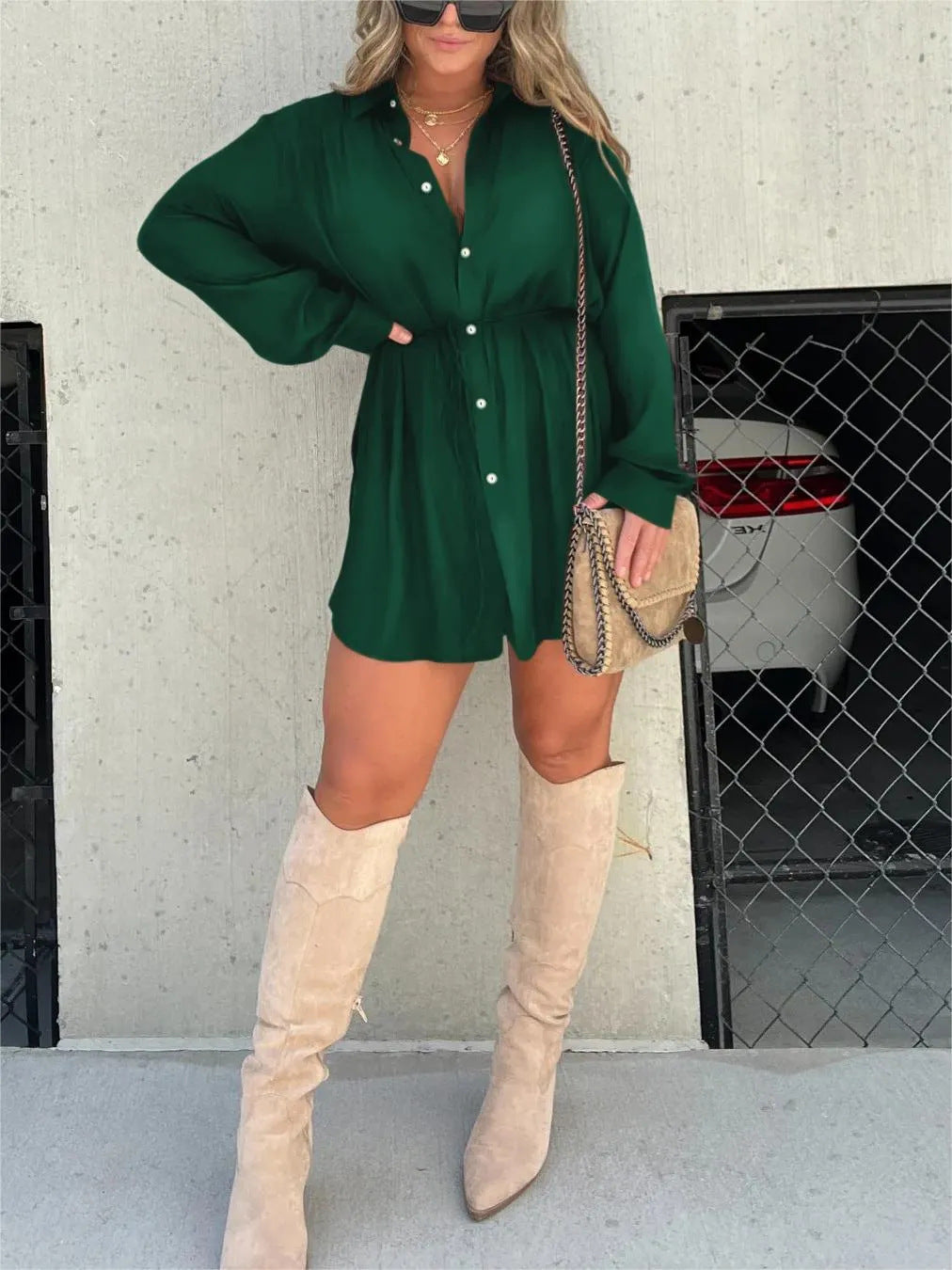 Women's Long Sleeve Jumpsuit – Lace-Up Spandex Shirt Dress
