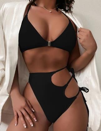 Women Sexy Deep V Neck Swimsuit High Waist Hollow Out Bandage Swimwear Female Solid Color Bikini Set Backless Bathing Suits 2024