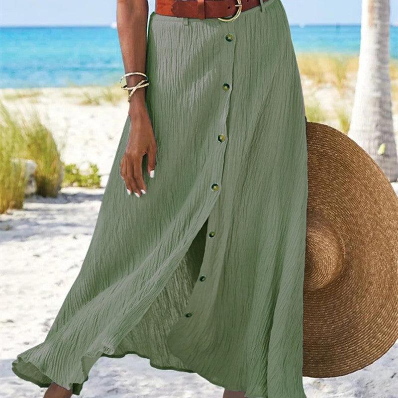 Women's Fashion Cotton Linen A-Line Hip Mid Waist Long Skirt cj