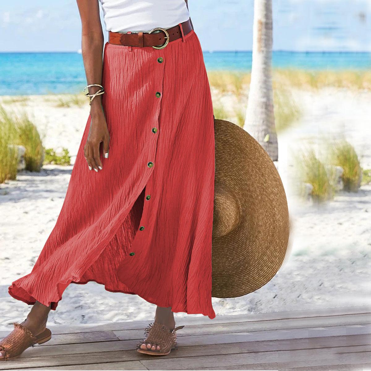 Women's Fashion Cotton Linen A-Line Hip Mid Waist Long Skirt cj