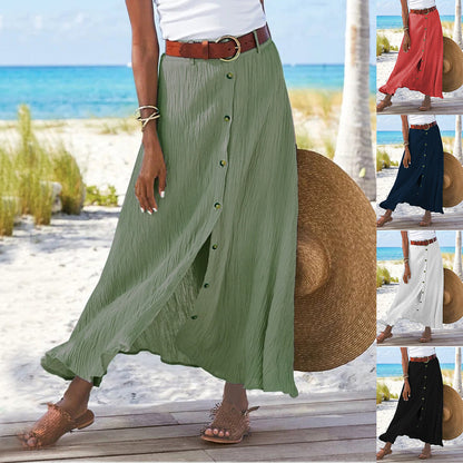 Women's Fashion Cotton Linen A-Line Hip Mid Waist Long Skirt cj