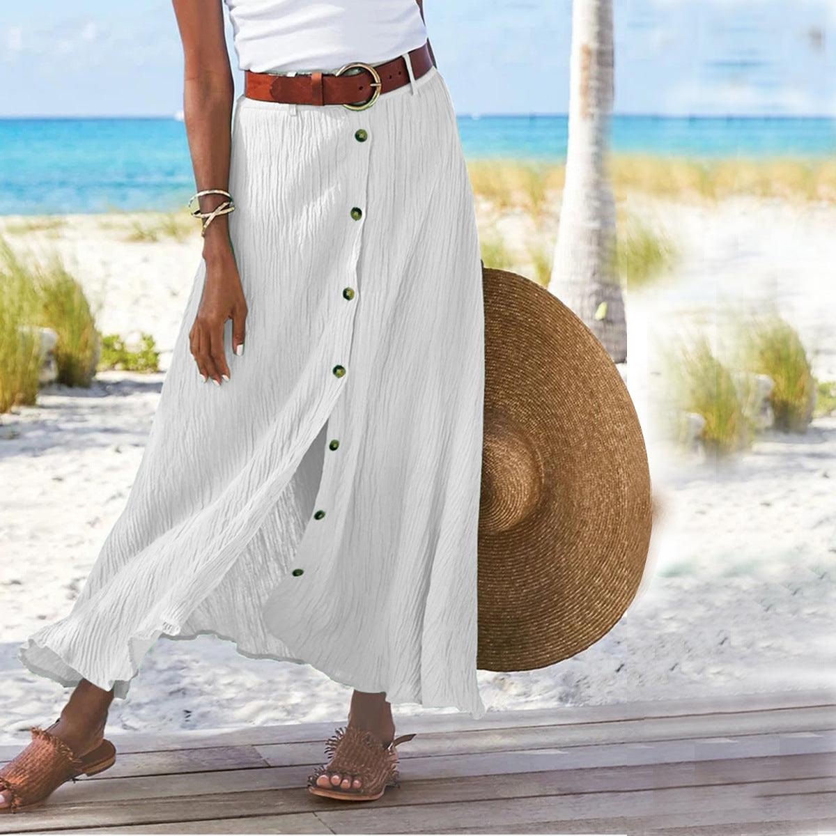 Women's Fashion Cotton Linen A-Line Hip Mid Waist Long Skirt cj