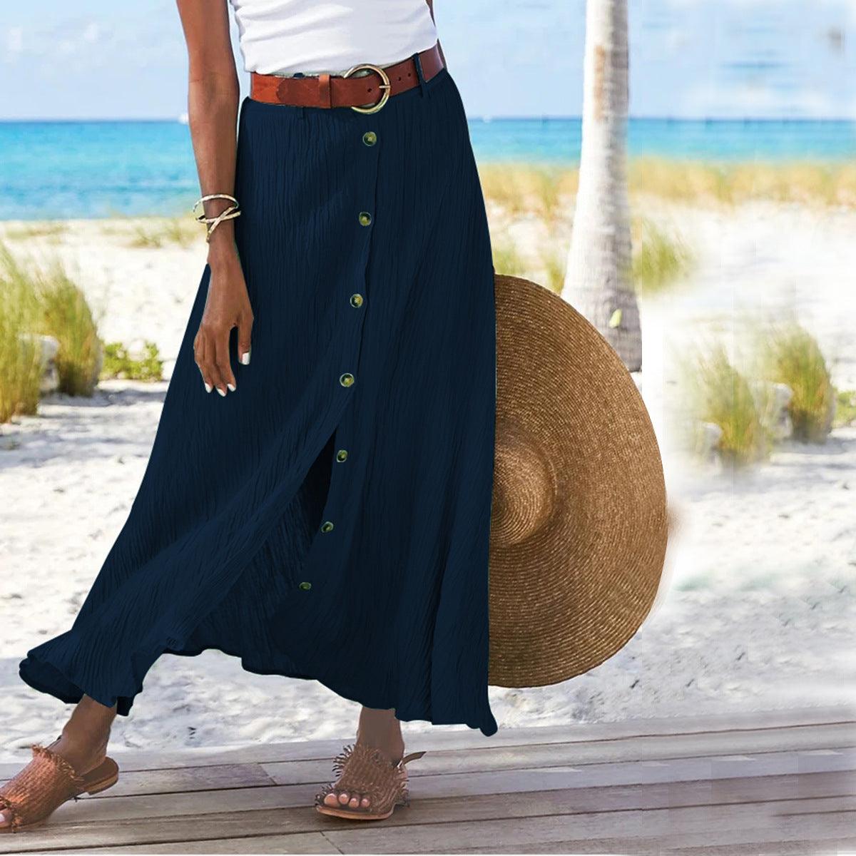 Women's Fashion Cotton Linen A-Line Hip Mid Waist Long Skirt cj
