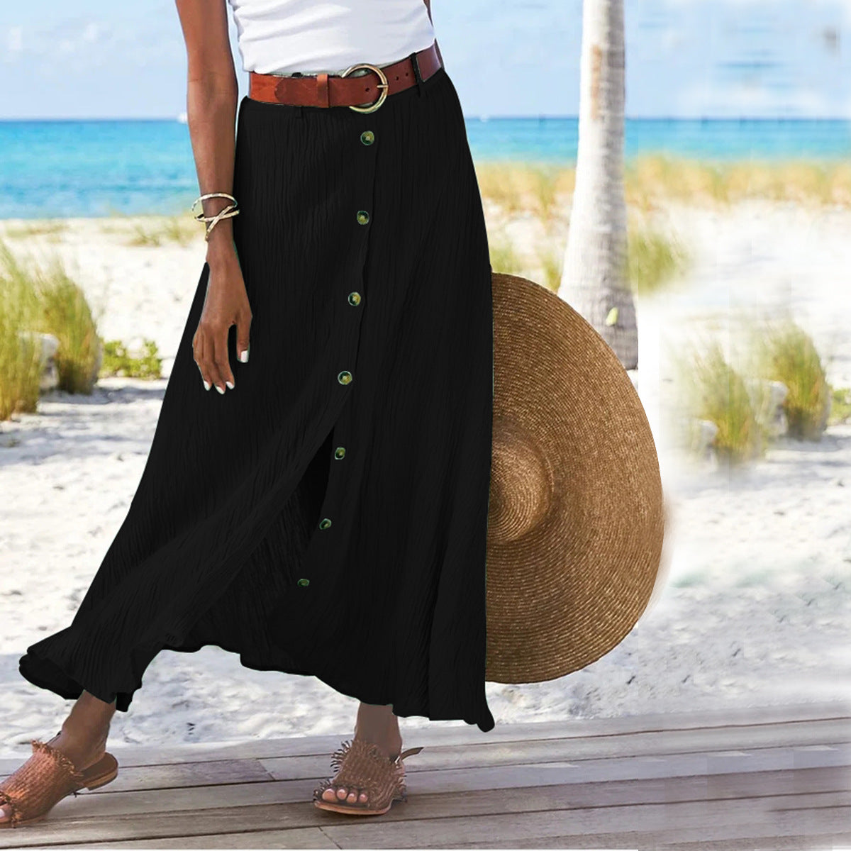 Women's Fashion Cotton Linen A-Line Hip Mid Waist Long Skirt cj